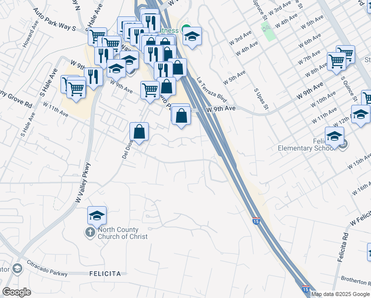 map of restaurants, bars, coffee shops, grocery stores, and more near 1575 Tanglewood Lane in Escondido