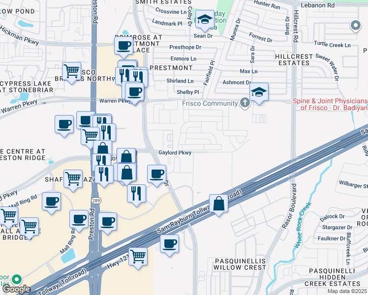 map of restaurants, bars, coffee shops, grocery stores, and more near 9725 Derbyshire Drive in Frisco