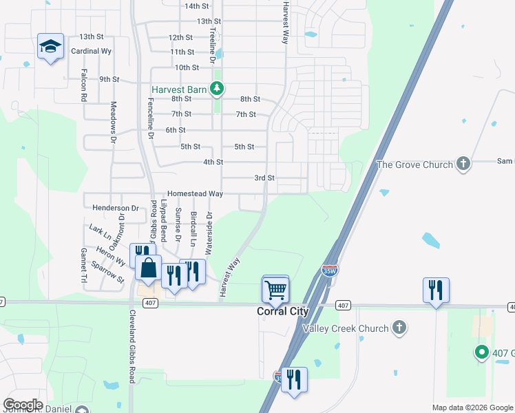 map of restaurants, bars, coffee shops, grocery stores, and more near 1104 Lakeview Lane in Argyle