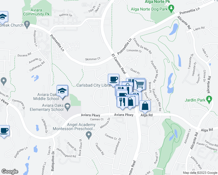 map of restaurants, bars, coffee shops, grocery stores, and more near 6906 Mimosa Drive in Carlsbad