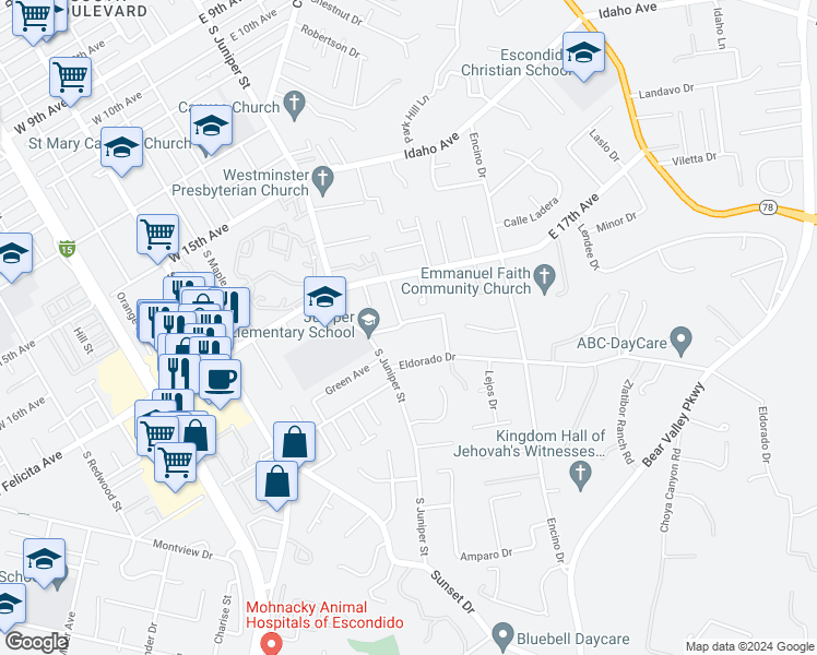 map of restaurants, bars, coffee shops, grocery stores, and more near 1761 Country Lane in Escondido