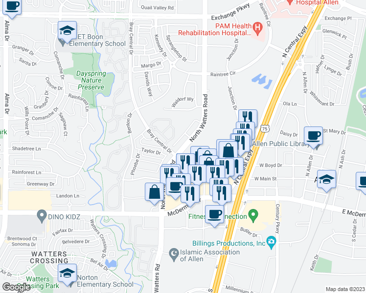 map of restaurants, bars, coffee shops, grocery stores, and more near b105 Junction Drive in Allen