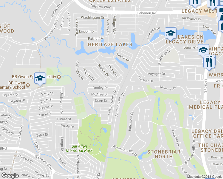 map of restaurants, bars, coffee shops, grocery stores, and more near 6069 Dooley Drive in The Colony