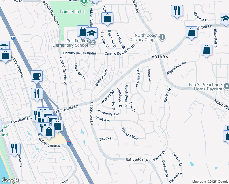 map of restaurants, bars, coffee shops, grocery stores, and more near 7031 Snapdragon Drive in Carlsbad