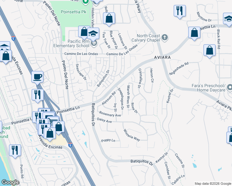 map of restaurants, bars, coffee shops, grocery stores, and more near 943 Alyssum Road in Carlsbad