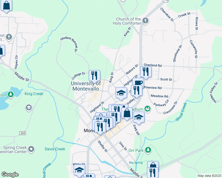 map of restaurants, bars, coffee shops, grocery stores, and more near 1020 Highland Street in Montevallo