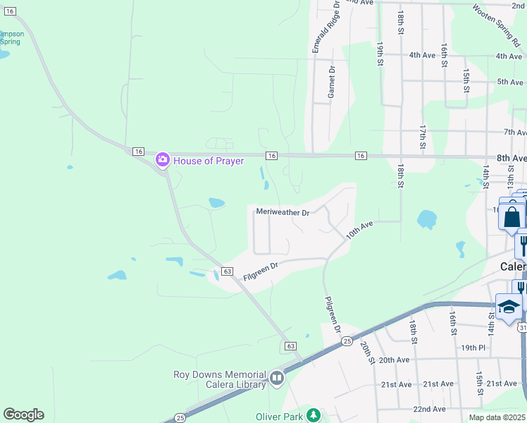 map of restaurants, bars, coffee shops, grocery stores, and more near 875 Meriweather Drive in Calera