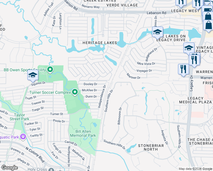 map of restaurants, bars, coffee shops, grocery stores, and more near 7616 Independence Drive in The Colony