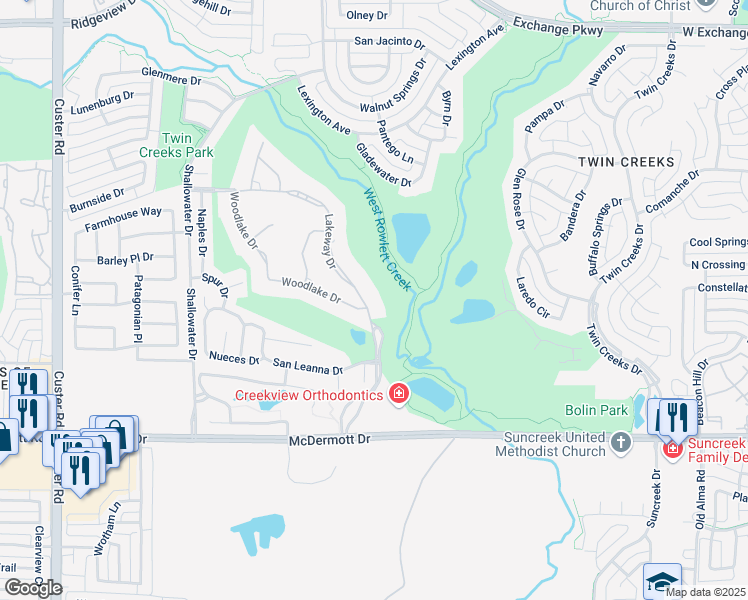 map of restaurants, bars, coffee shops, grocery stores, and more near 402 Lakeway Drive in Allen