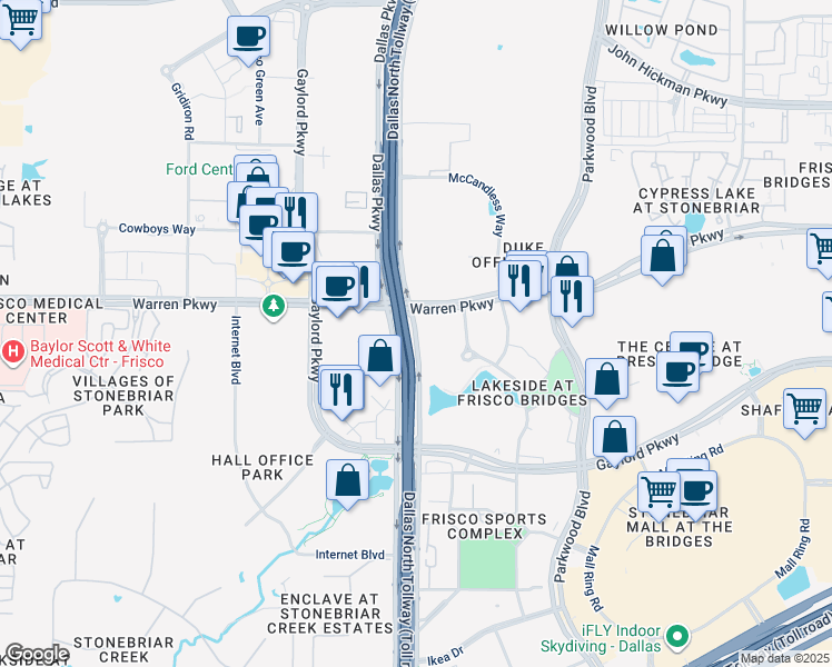 map of restaurants, bars, coffee shops, grocery stores, and more near 3002 Dallas Parkway in Frisco