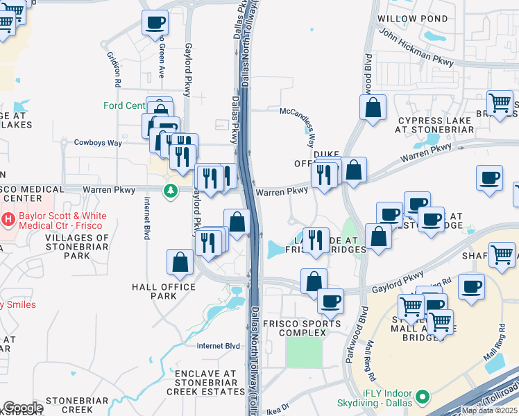 map of restaurants, bars, coffee shops, grocery stores, and more near 3002 Dallas Parkway in Frisco