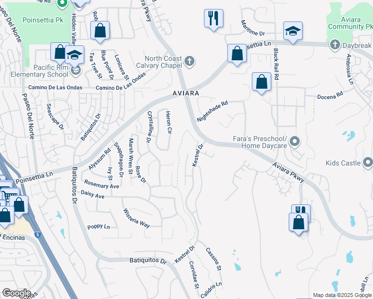 map of restaurants, bars, coffee shops, grocery stores, and more near 6904 Wildrose Terrace in Carlsbad