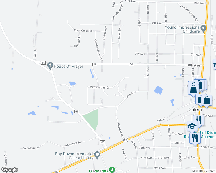map of restaurants, bars, coffee shops, grocery stores, and more near 825 Meriweather Drive in Calera