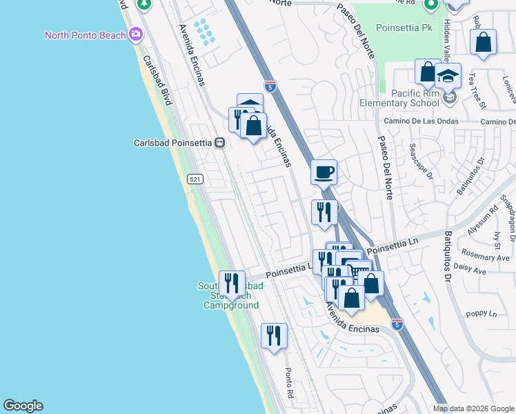map of restaurants, bars, coffee shops, grocery stores, and more near 609 Saltgrass Avenue in Carlsbad