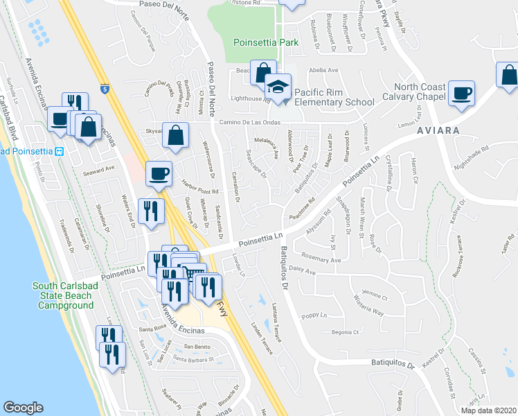 map of restaurants, bars, coffee shops, grocery stores, and more near 6938 Seascape Drive in Carlsbad