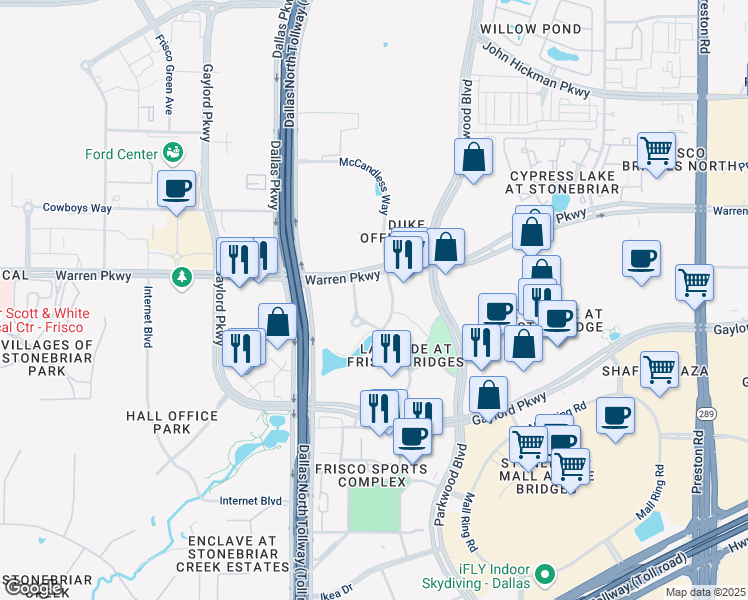 map of restaurants, bars, coffee shops, grocery stores, and more near 7777 Warren Parkway in Frisco