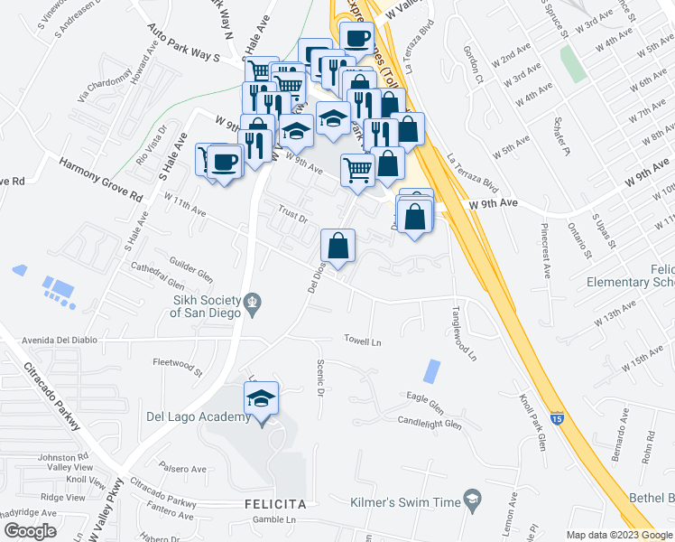 map of restaurants, bars, coffee shops, grocery stores, and more near 1426 Montage Glen in Escondido