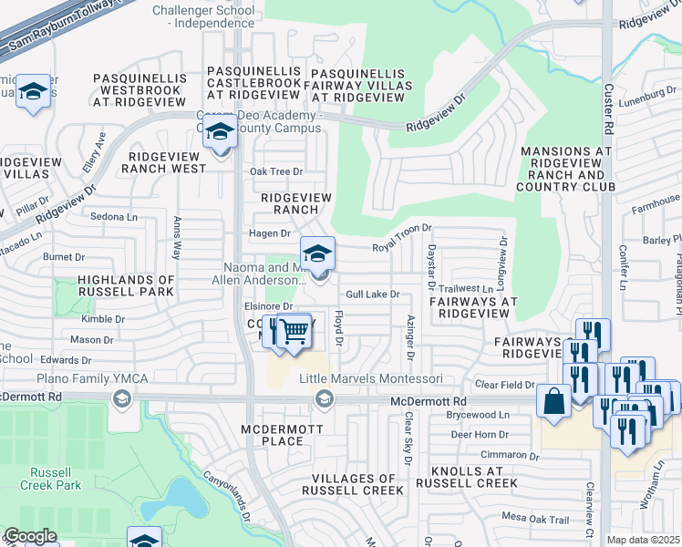 map of restaurants, bars, coffee shops, grocery stores, and more near 2800 Oakland Hills Drive in Plano