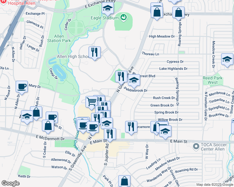 map of restaurants, bars, coffee shops, grocery stores, and more near 400 North Greenville Avenue in Allen