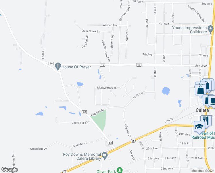 map of restaurants, bars, coffee shops, grocery stores, and more near 851 Meriweather Drive in Calera