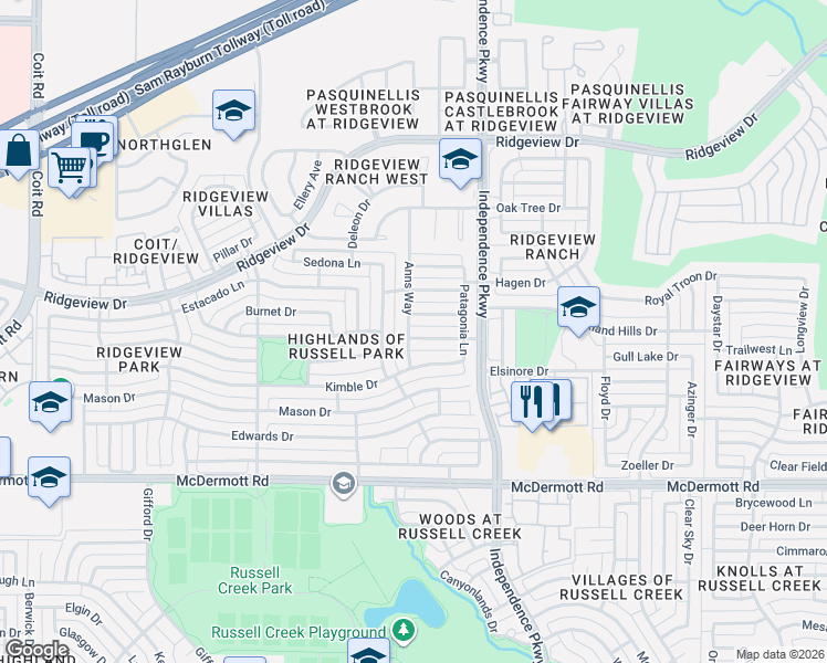 map of restaurants, bars, coffee shops, grocery stores, and more near 3109 Austin Drive in Plano