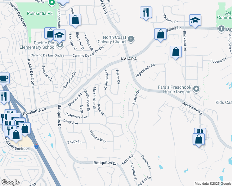 map of restaurants, bars, coffee shops, grocery stores, and more near 7076 Heron Circle in Carlsbad