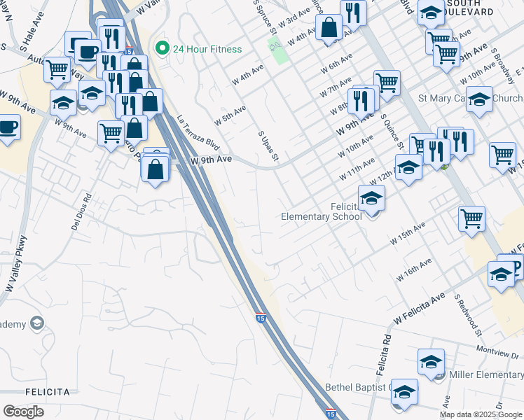 map of restaurants, bars, coffee shops, grocery stores, and more near 1038 Pinecrest Avenue in Escondido