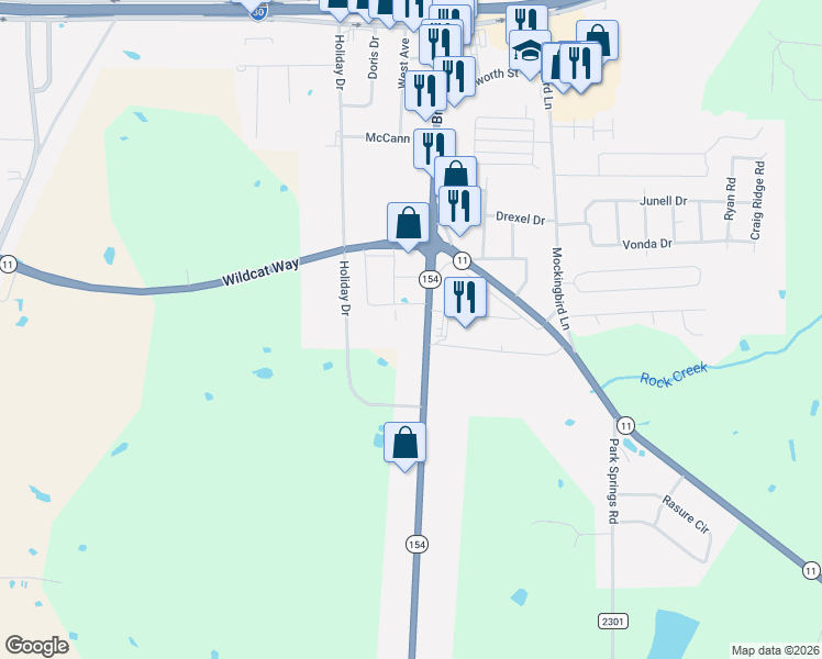 map of restaurants, bars, coffee shops, grocery stores, and more near 1737 Texas 154 in Sulphur Springs
