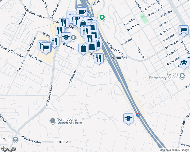 map of restaurants, bars, coffee shops, grocery stores, and more near 1575 Tanglewood Lane in Escondido