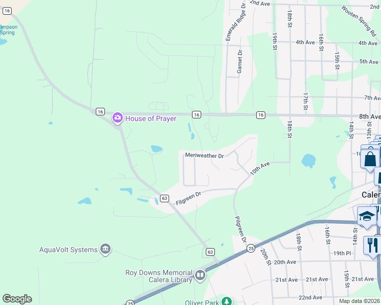 map of restaurants, bars, coffee shops, grocery stores, and more near 875 Meriweather Drive in Calera