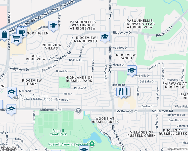 map of restaurants, bars, coffee shops, grocery stores, and more near 3109 Austin Drive in Plano