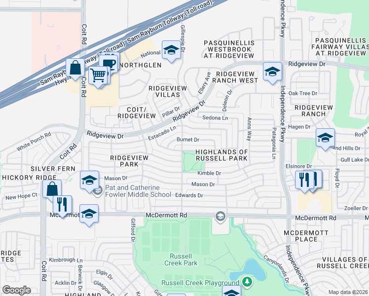 map of restaurants, bars, coffee shops, grocery stores, and more near 3424 Burnet Drive in Plano