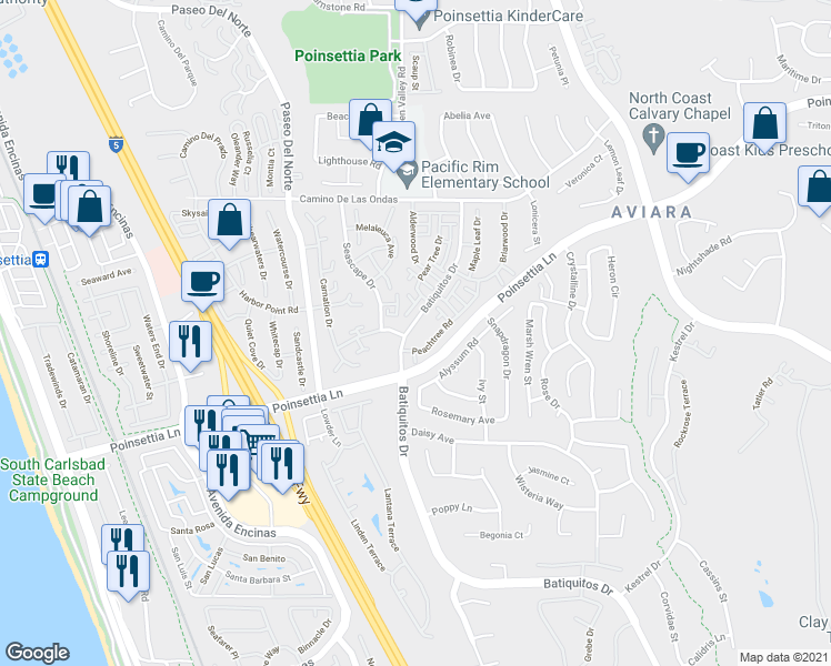 map of restaurants, bars, coffee shops, grocery stores, and more near 6972 Batiquitos Drive in Carlsbad