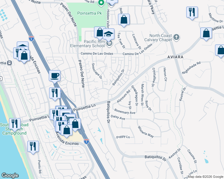 map of restaurants, bars, coffee shops, grocery stores, and more near 6972 Batiquitos Drive in Carlsbad
