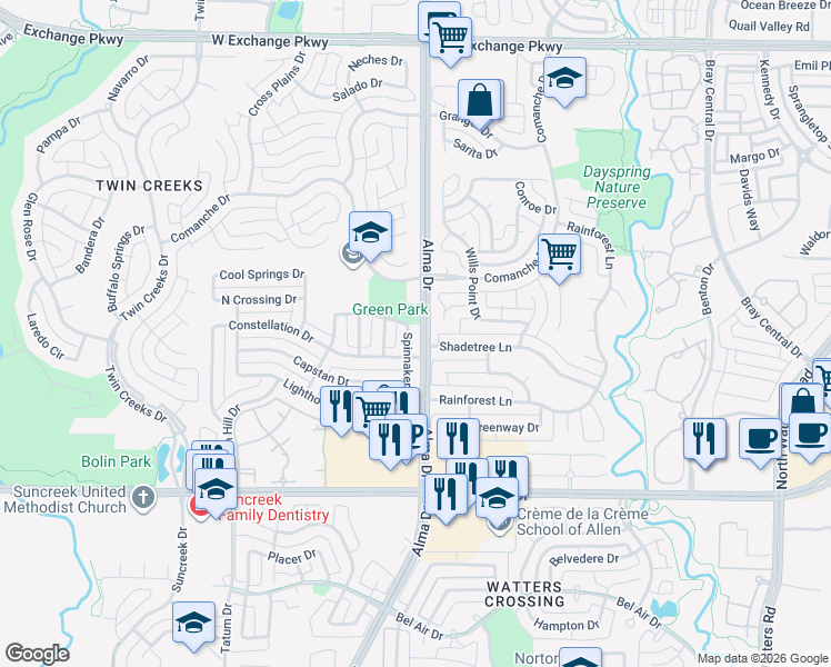 map of restaurants, bars, coffee shops, grocery stores, and more near 1305 Comanche Drive in Allen