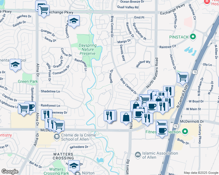 map of restaurants, bars, coffee shops, grocery stores, and more near 511 Benton Drive in Allen