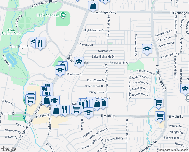 map of restaurants, bars, coffee shops, grocery stores, and more near 802 Pebblebrook Drive in Allen