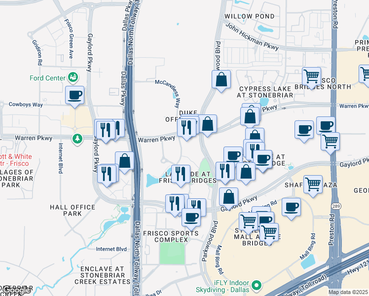 map of restaurants, bars, coffee shops, grocery stores, and more near 3200 Rifle Gap Road in Frisco
