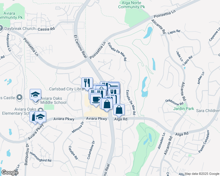 map of restaurants, bars, coffee shops, grocery stores, and more near 6957 Sandpiper Place in Carlsbad