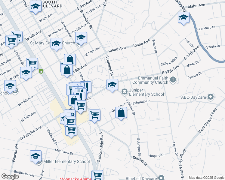 map of restaurants, bars, coffee shops, grocery stores, and more near 1701 South Juniper Street in Escondido