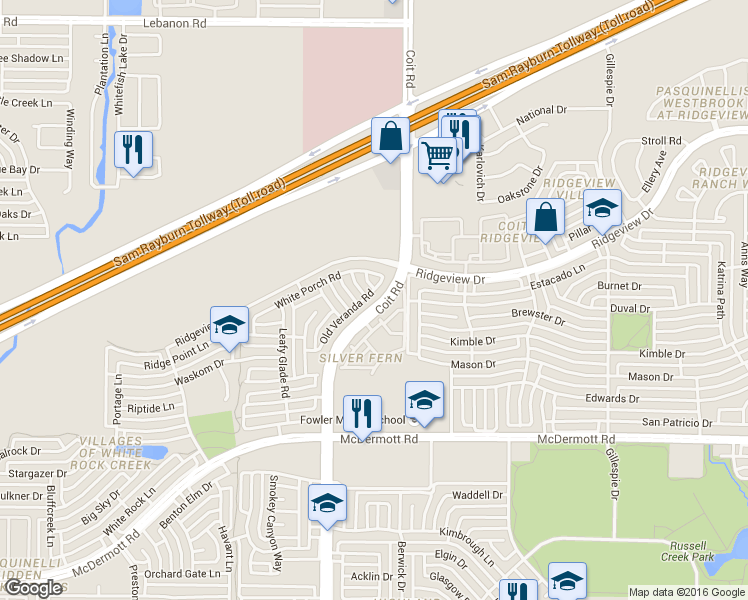 map of restaurants, bars, coffee shops, grocery stores, and more near 9400 Old Veranda Road in Plano