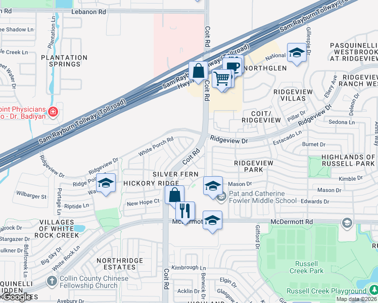 map of restaurants, bars, coffee shops, grocery stores, and more near 9400 Old Veranda Road in Plano