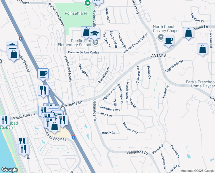 map of restaurants, bars, coffee shops, grocery stores, and more near 6912 Peach Tree Road in Carlsbad