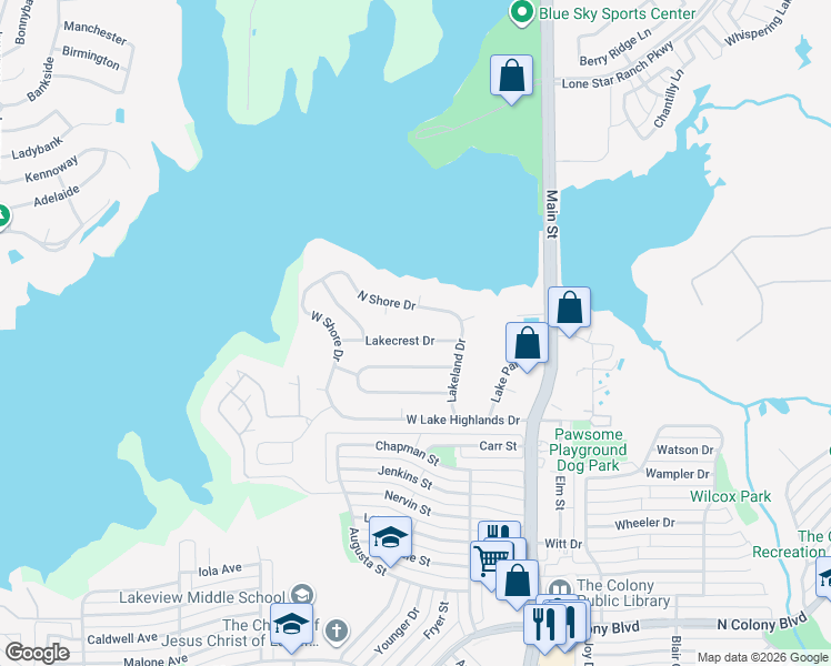 map of restaurants, bars, coffee shops, grocery stores, and more near 4556 North Shore Drive in The Colony