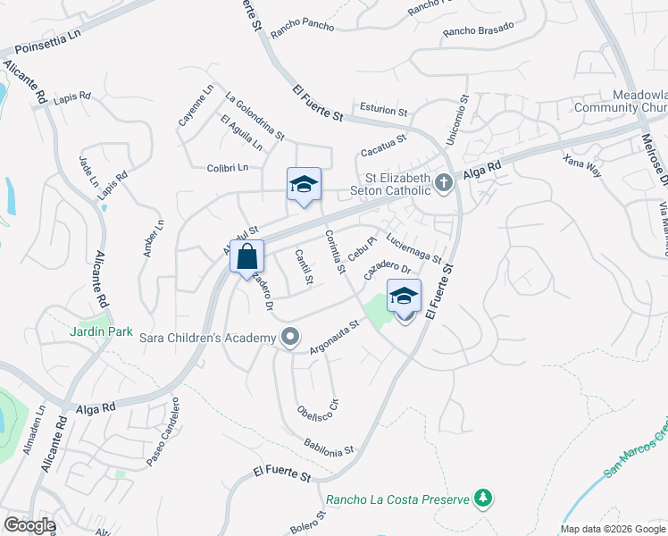 map of restaurants, bars, coffee shops, grocery stores, and more near 6727 Corintia Street in Carlsbad
