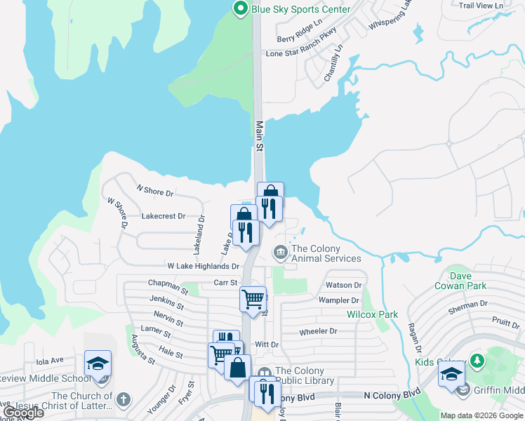 map of restaurants, bars, coffee shops, grocery stores, and more near 7604 Pine Court in The Colony