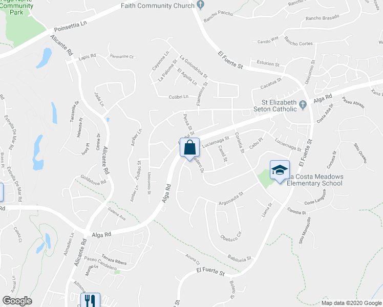 map of restaurants, bars, coffee shops, grocery stores, and more near Luciernaga Street & Cazadero Drive in Carlsbad