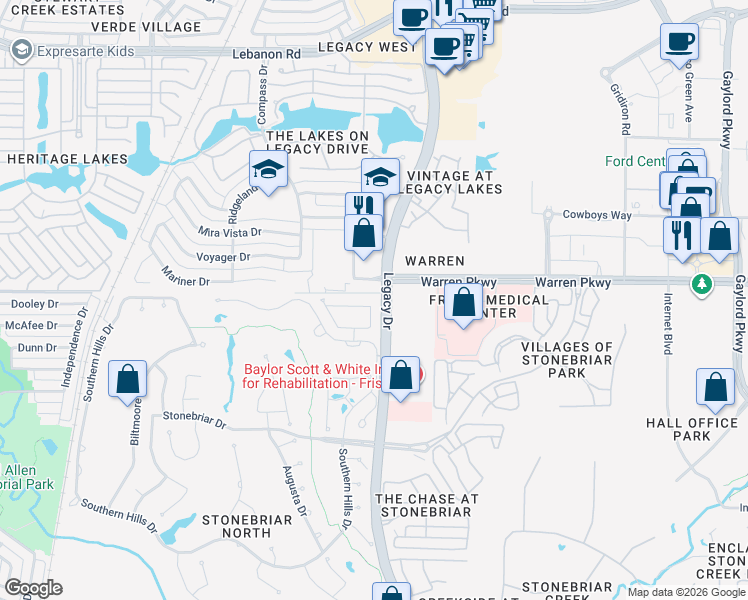 map of restaurants, bars, coffee shops, grocery stores, and more near 3330 Legacy Drive in Frisco