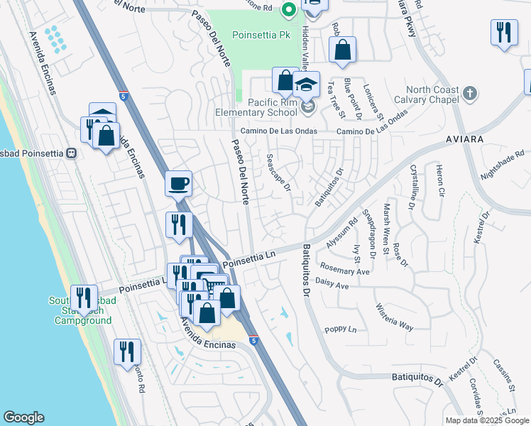 map of restaurants, bars, coffee shops, grocery stores, and more near 6903 Carnation Drive in Carlsbad
