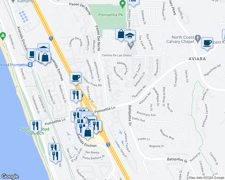 map of restaurants, bars, coffee shops, grocery stores, and more near 6903 Carnation Drive in Carlsbad